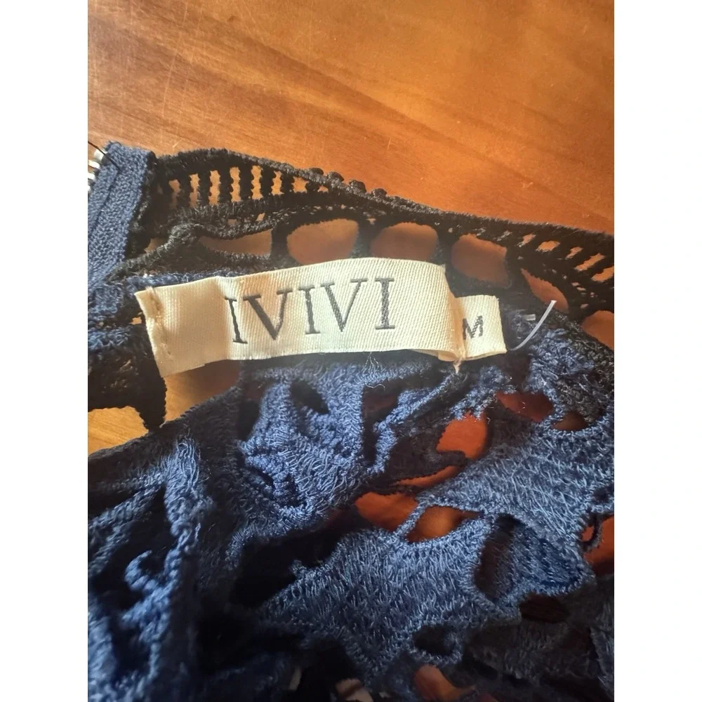 Ivivi Navy Blue Black Star Crochet Mini Dress Sz Medium Tiered Ruffles High Neck